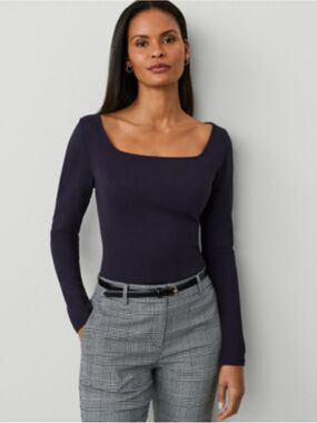 Ann Taylor Navy Blue Ponte Square Neck Long Sleeve Top